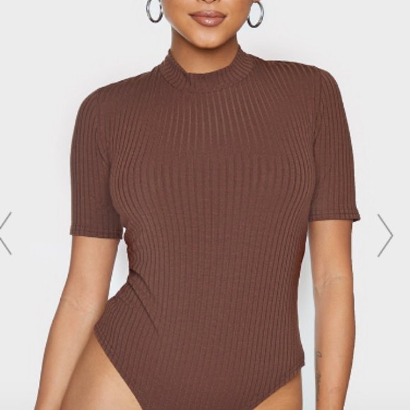 PrettyLittleThing NWT chocolate marl rib short sleeve bodysuit - Picture 1 of 5